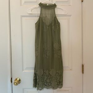 Green floral halter mesh mini dress